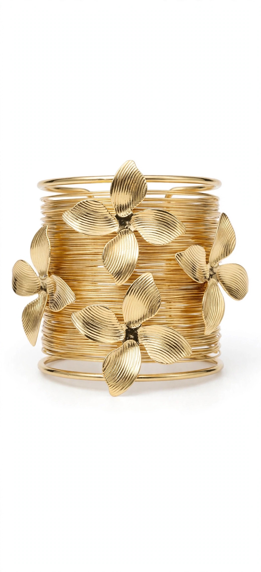 Gold bloom wire cuff bangle - 4 flowers